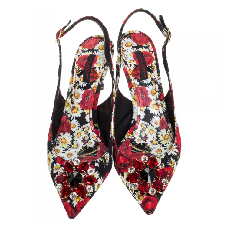Pre Owned Dolce & Gabbana Multicolor Brocade Floral Fabric Crystal Embellished Slingback Sandals Size 39.5