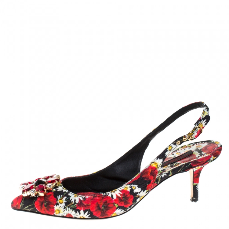 Pre Owned Dolce & Gabbana Multicolor Brocade Floral Fabric Crystal Embellished Slingback Sandals Size 39.5
