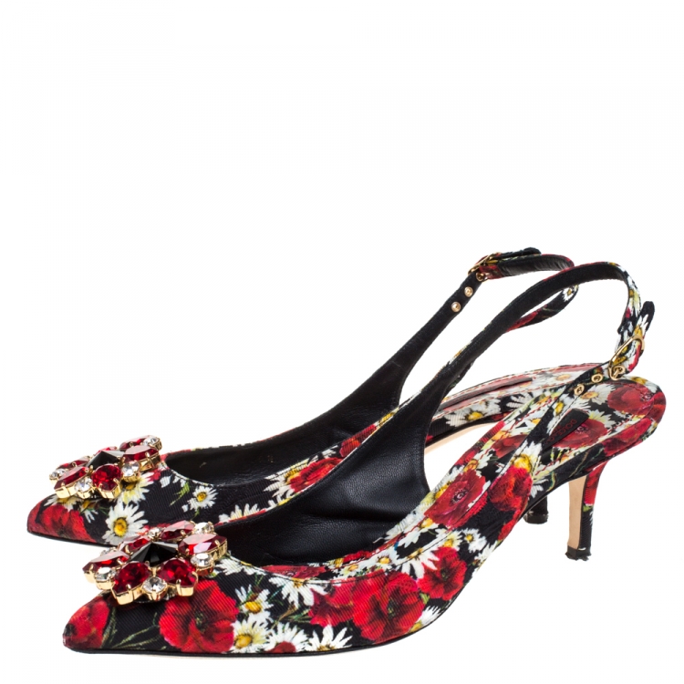 Pre Owned Dolce & Gabbana Multicolor Brocade Floral Fabric Crystal Embellished Slingback Sandals Size 39.5