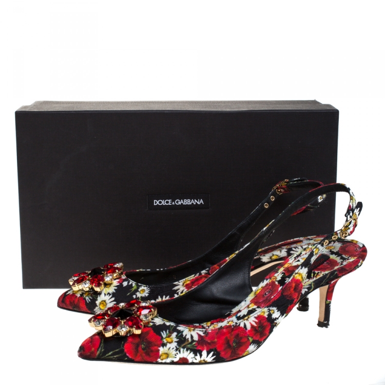 Pre Owned Dolce & Gabbana Multicolor Brocade Floral Fabric Crystal Embellished Slingback Sandals Size 39.5