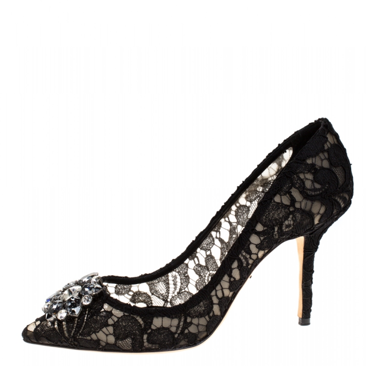Pre Owned Dolce & Gabbana Black Lace Bellucci Crystal Embellished Pumps Size 41
