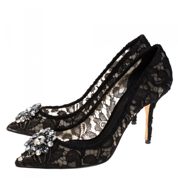 Pre Owned Dolce & Gabbana Black Lace Bellucci Crystal Embellished Pumps Size 41