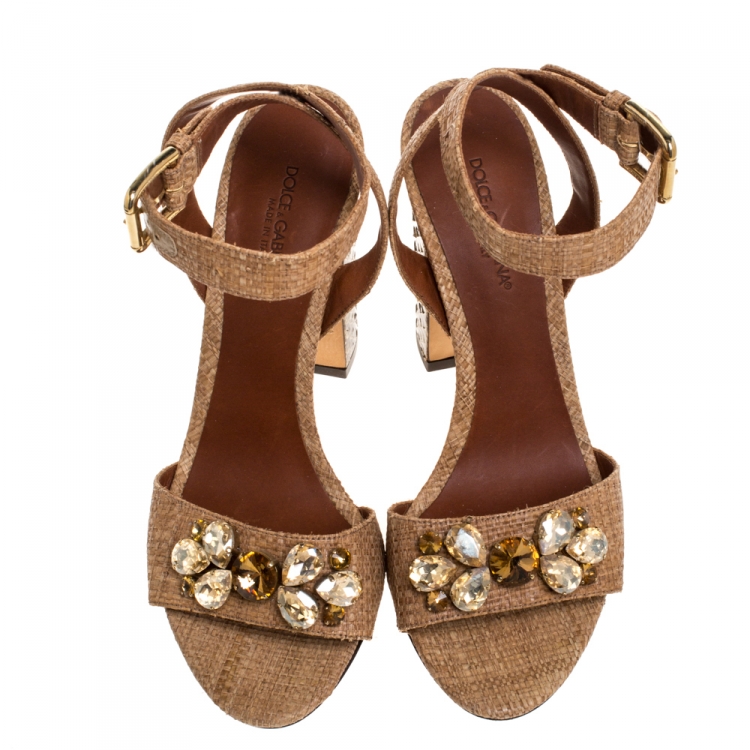 Pre Owned Dolce & Gabbana Beige Jeweled Raffia & Snakeskin Sandals Size 40