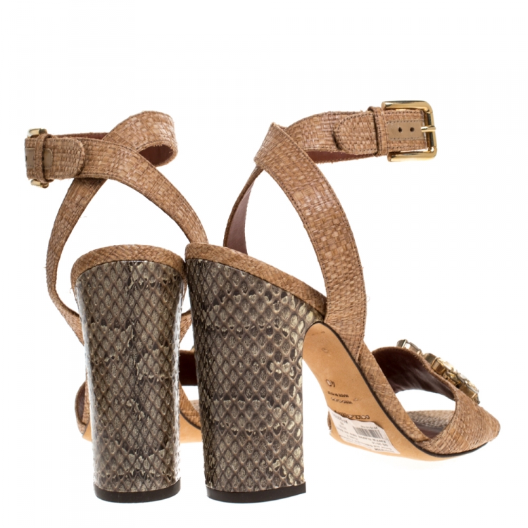 Pre Owned Dolce & Gabbana Beige Jeweled Raffia & Snakeskin Sandals Size 40