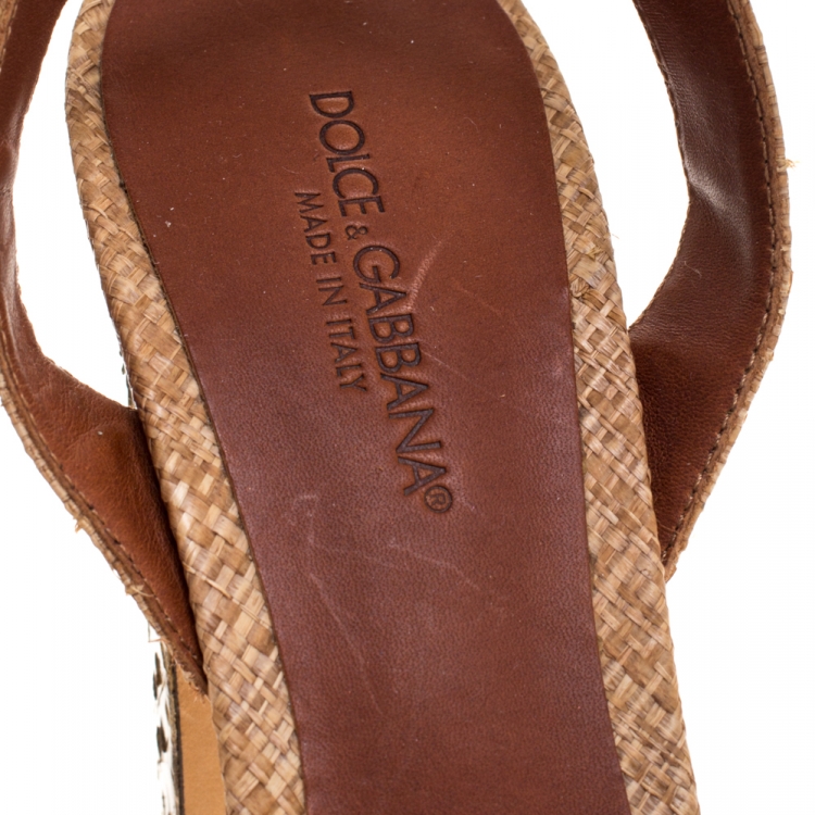 Pre Owned Dolce & Gabbana Beige Jeweled Raffia & Snakeskin Sandals Size 40