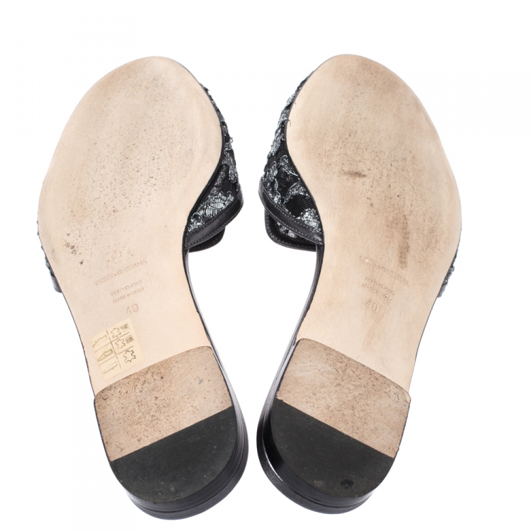 مملوكة مسبقًا Dolce & Gabbana Grey Lace Sofia Crystal Embellished Slides Size 40