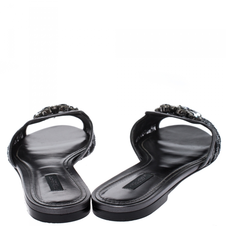مملوكة مسبقًا Dolce & Gabbana Grey Lace Sofia Crystal Embellished Slides Size 40