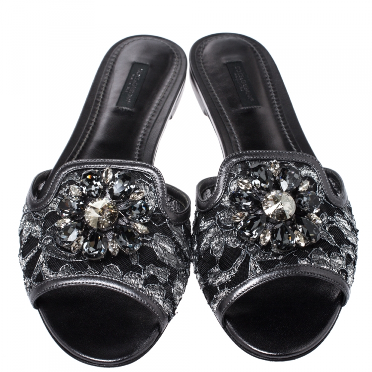 مملوكة مسبقًا Dolce & Gabbana Grey Lace Sofia Crystal Embellished Slides Size 40