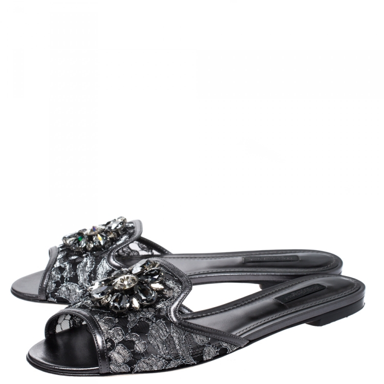 مملوكة مسبقًا Dolce & Gabbana Grey Lace Sofia Crystal Embellished Slides Size 40
