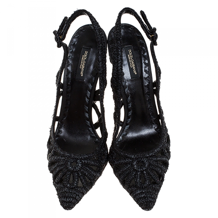 Pre Owned Dolce & Gabbana Black Woven Raffia Pointed Toe Slingback Pumps Size 38