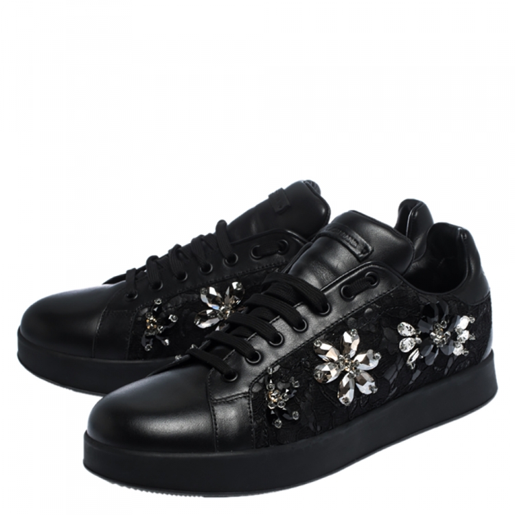 Pre Owned Dolce and Gabbana Black Leather And Lace Crystal Embellished Low Top Sneakers Size 40