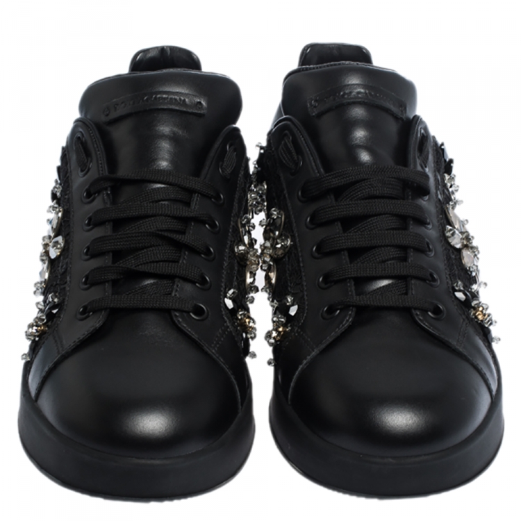 Pre Owned Dolce and Gabbana Black Leather And Lace Crystal Embellished Low Top Sneakers Size 40