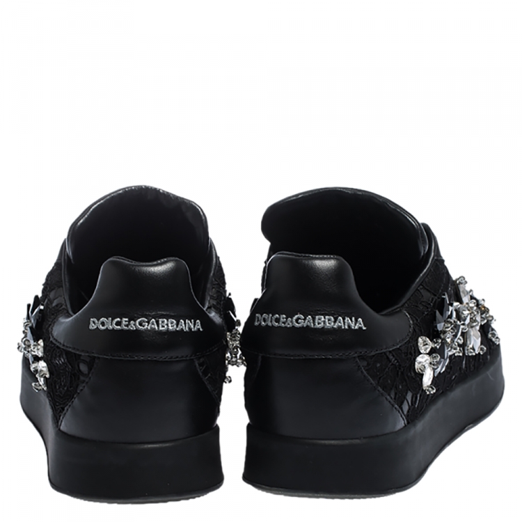 Pre Owned Dolce and Gabbana Black Leather And Lace Crystal Embellished Low Top Sneakers Size 40