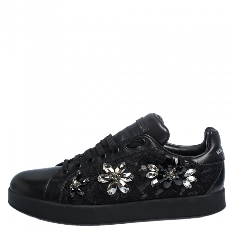 Pre Owned Dolce and Gabbana Black Leather And Lace Crystal Embellished Low Top Sneakers Size 40