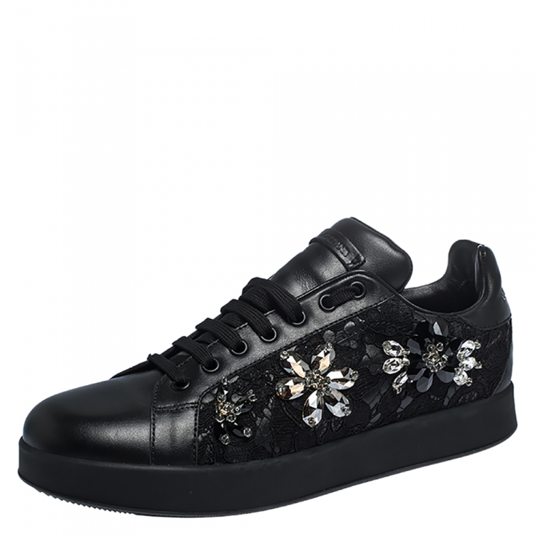 Pre Owned Dolce and Gabbana Black Leather And Lace Crystal Embellished Low Top Sneakers Size 40