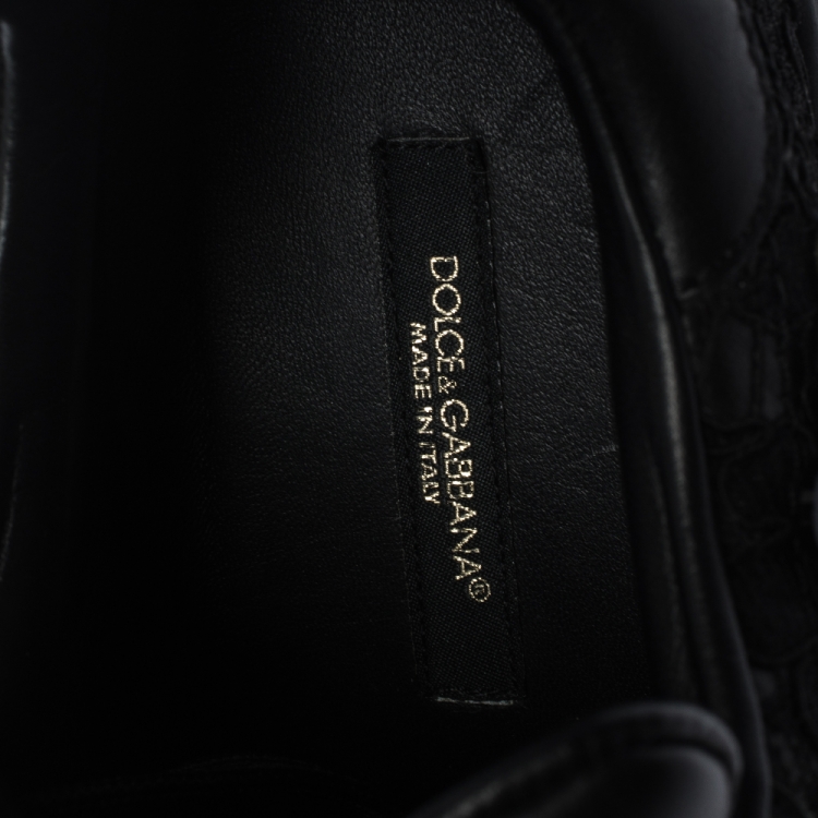 Pre Owned Dolce and Gabbana Black Leather And Lace Crystal Embellished Low Top Sneakers Size 40