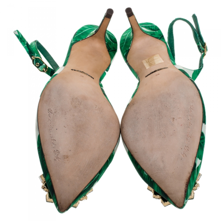 Pre Owned Dolce & Gabbana Green/White Banana Leaf-Print Fabric Crystal Embellished Slingback Sandals Size 39