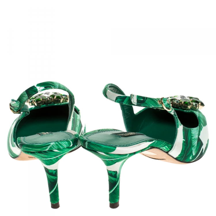 Pre Owned Dolce & Gabbana Green/White Banana Leaf-Print Fabric Crystal Embellished Slingback Sandals Size 39