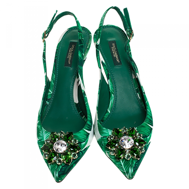 Pre Owned Dolce & Gabbana Green/White Banana Leaf-Print Fabric Crystal Embellished Slingback Sandals Size 39