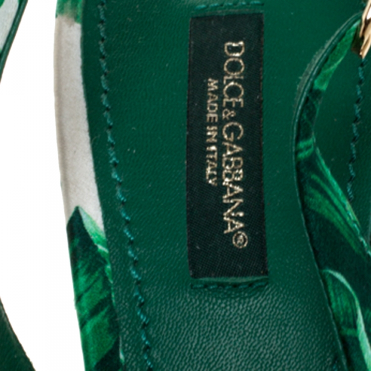 Pre Owned Dolce & Gabbana Green/White Banana Leaf-Print Fabric Crystal Embellished Slingback Sandals Size 39