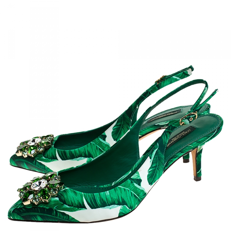 Pre Owned Dolce & Gabbana Green/White Banana Leaf-Print Fabric Crystal Embellished Slingback Sandals Size 39