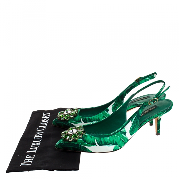 Pre Owned Dolce & Gabbana Green/White Banana Leaf-Print Fabric Crystal Embellished Slingback Sandals Size 39