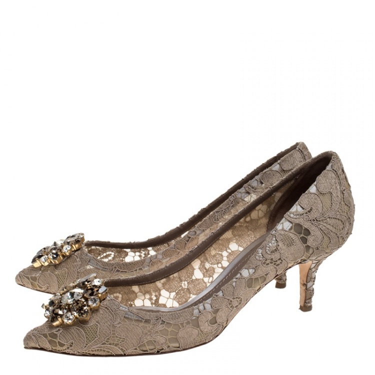Pre Owned Dolce & Gabbana Beige Crystal Embellished Lace Bellucci Pointed Toe Pumps Size 40
