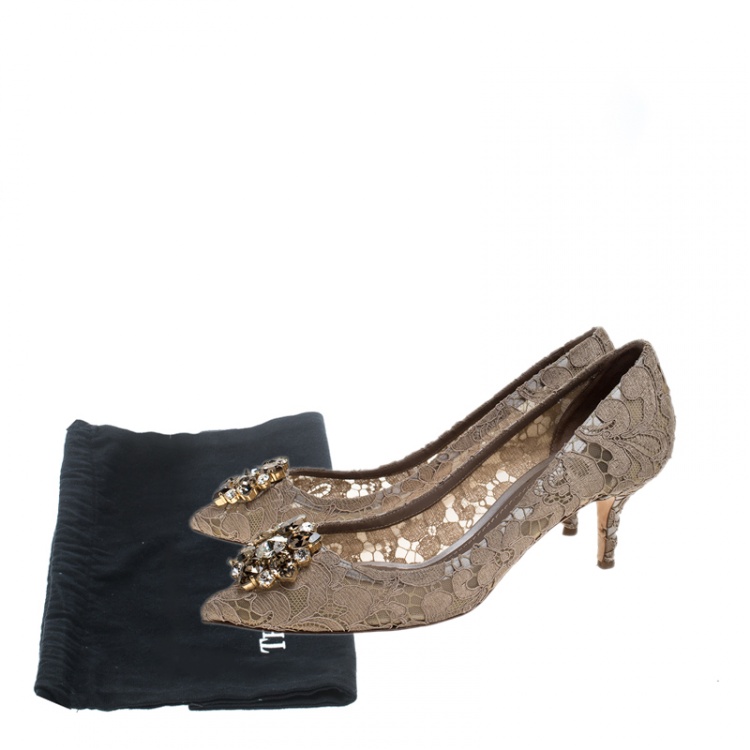 Pre Owned Dolce & Gabbana Beige Crystal Embellished Lace Bellucci Pointed Toe Pumps Size 40