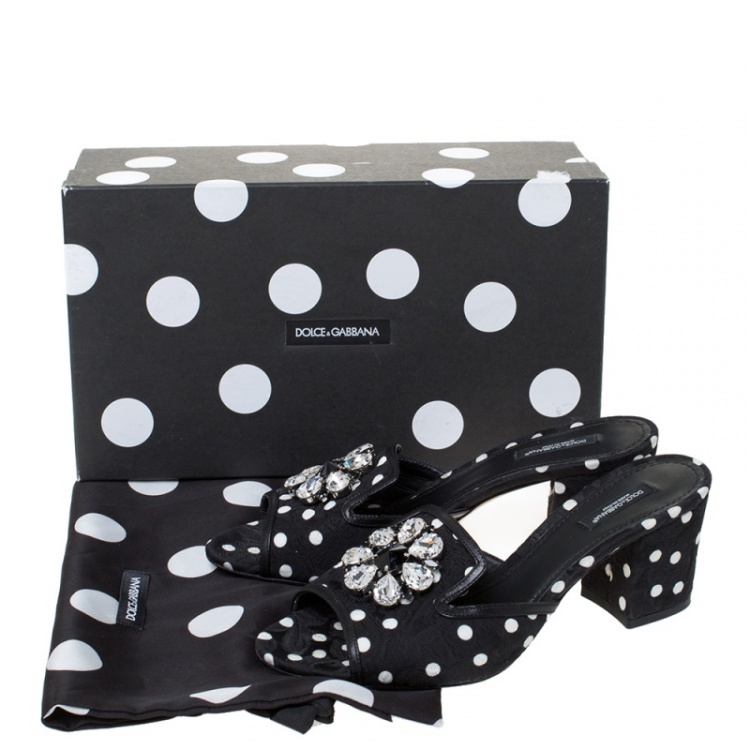 Pre Owned Dolce & Gabbana Black/White Polka Dot Fabric Crystal Embellished Sandals Size 40