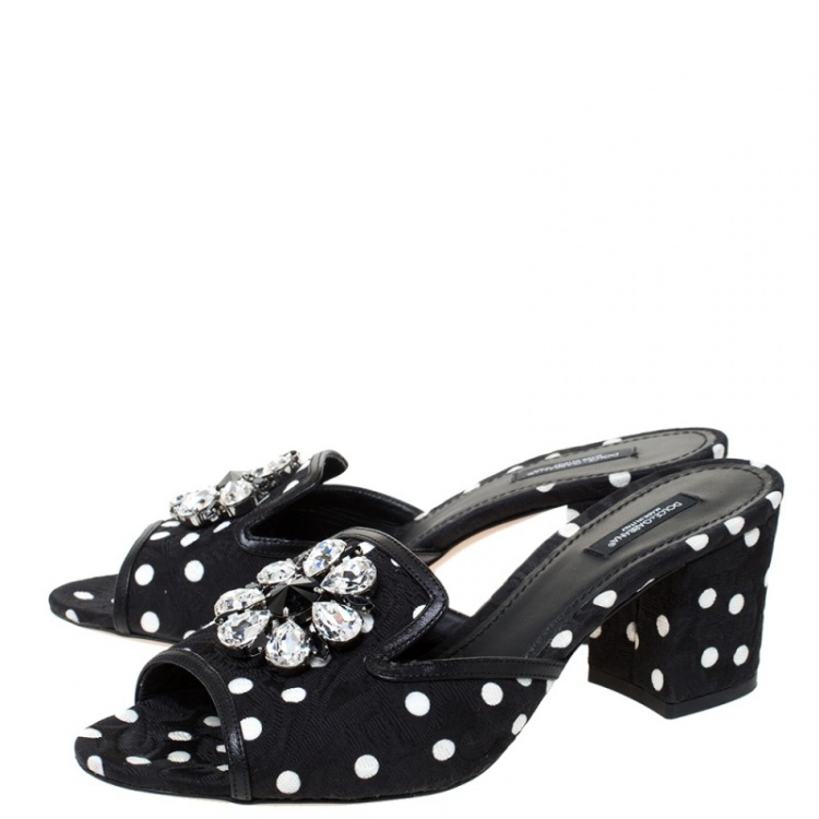 Pre Owned Dolce & Gabbana Black/White Polka Dot Fabric Crystal Embellished Sandals Size 40