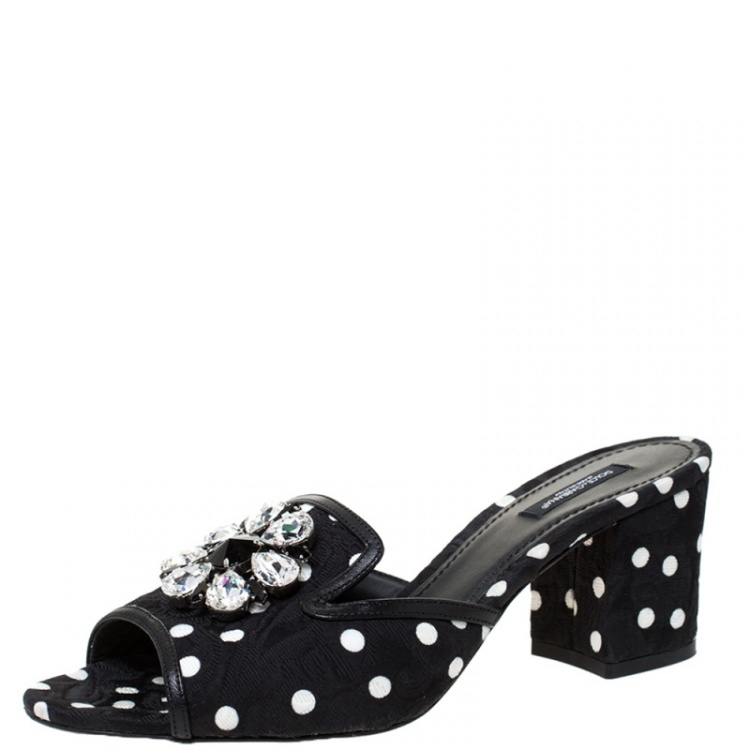 Pre Owned Dolce & Gabbana Black/White Polka Dot Fabric Crystal Embellished Sandals Size 40
