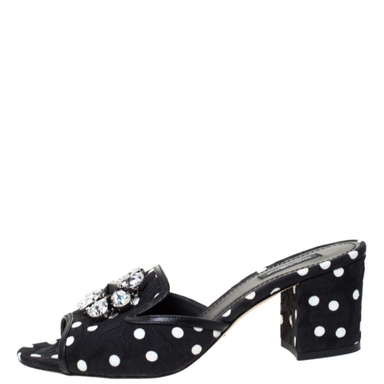Pre Owned Dolce & Gabbana Black/White Polka Dot Fabric Crystal Embellished Sandals Size 40