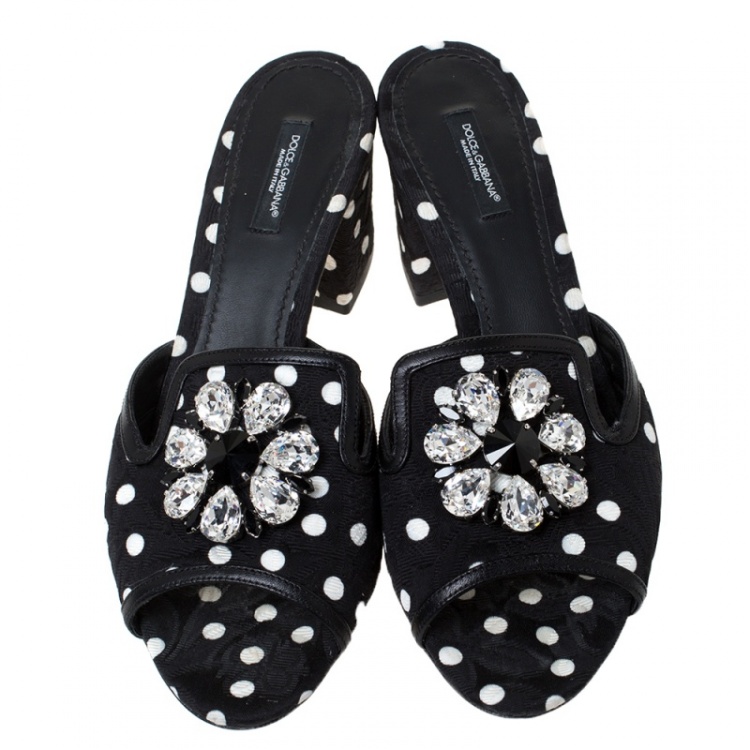 Pre Owned Dolce & Gabbana Black/White Polka Dot Fabric Crystal Embellished Sandals Size 40