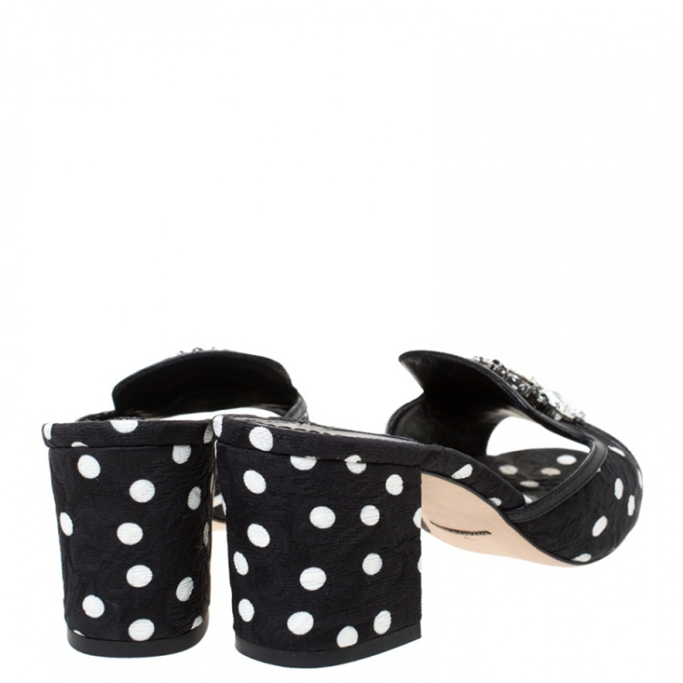 Pre Owned Dolce & Gabbana Black/White Polka Dot Fabric Crystal Embellished Sandals Size 40