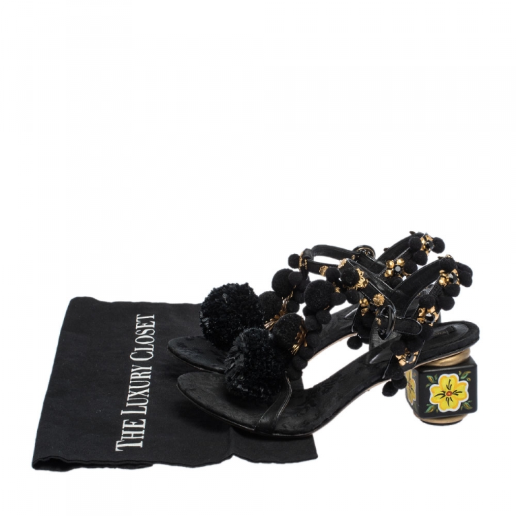 Pre Owned Dolce & Gabbana Black Leather and Fabric Pom Pom Embellished T-Strap Sandals Size 39
