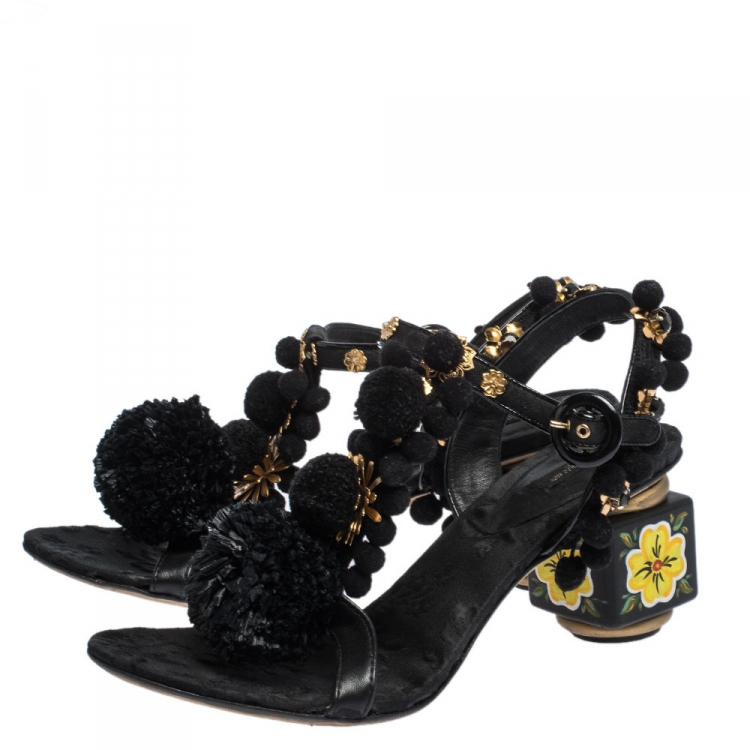 Pre Owned Dolce & Gabbana Black Leather and Fabric Pom Pom Embellished T-Strap Sandals Size 39