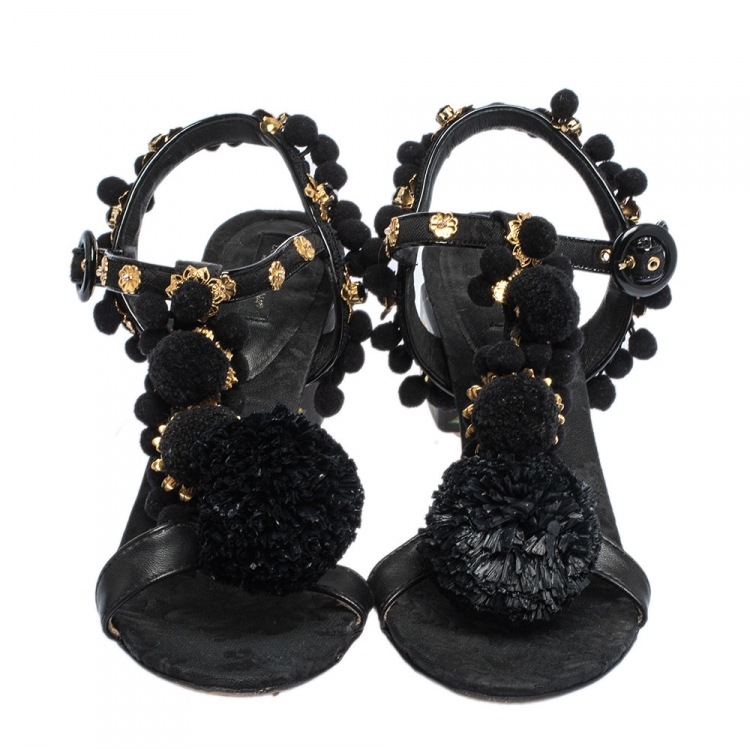 Pre Owned Dolce & Gabbana Black Leather and Fabric Pom Pom Embellished T-Strap Sandals Size 39