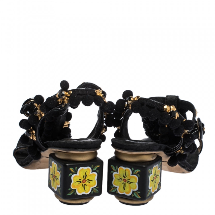 Pre Owned Dolce & Gabbana Black Leather and Fabric Pom Pom Embellished T-Strap Sandals Size 39