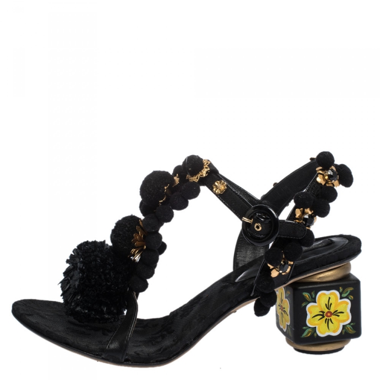 Pre Owned Dolce & Gabbana Black Leather and Fabric Pom Pom Embellished T-Strap Sandals Size 39
