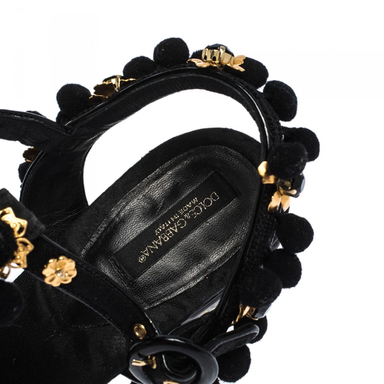 Pre Owned Dolce & Gabbana Black Leather and Fabric Pom Pom Embellished T-Strap Sandals Size 39