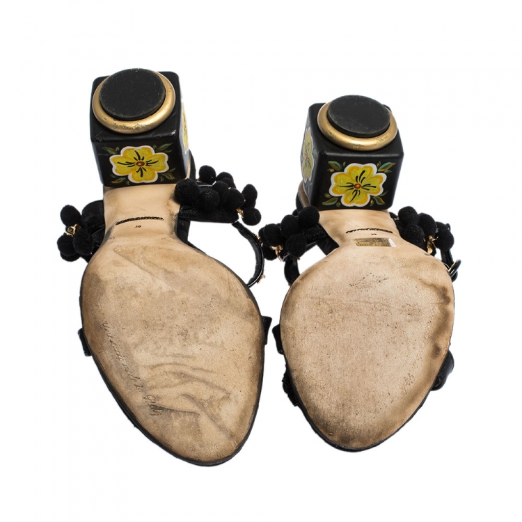 Pre Owned Dolce & Gabbana Black Leather and Fabric Pom Pom Embellished T-Strap Sandals Size 39