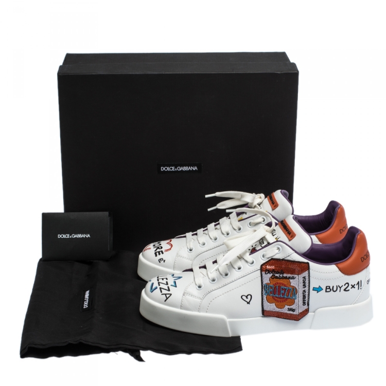 Pre Owned Dolce & Gabbana White Graffiti and Patches Leather Low Top Sneakers Size 39