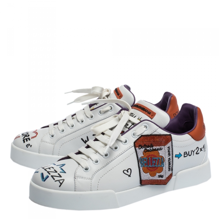Pre Owned Dolce & Gabbana White Graffiti and Patches Leather Low Top Sneakers Size 39