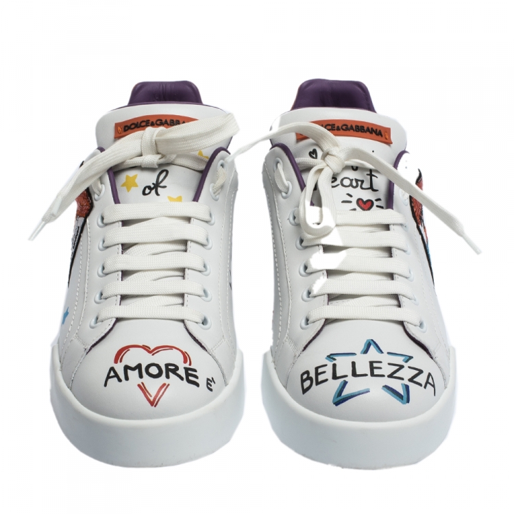 Pre Owned Dolce & Gabbana White Graffiti and Patches Leather Low Top Sneakers Size 39