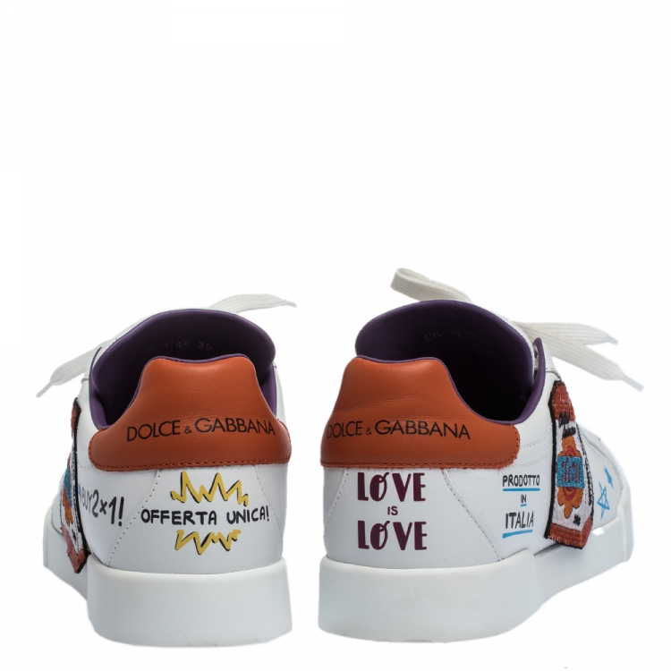 Pre Owned Dolce & Gabbana White Graffiti and Patches Leather Low Top Sneakers Size 39