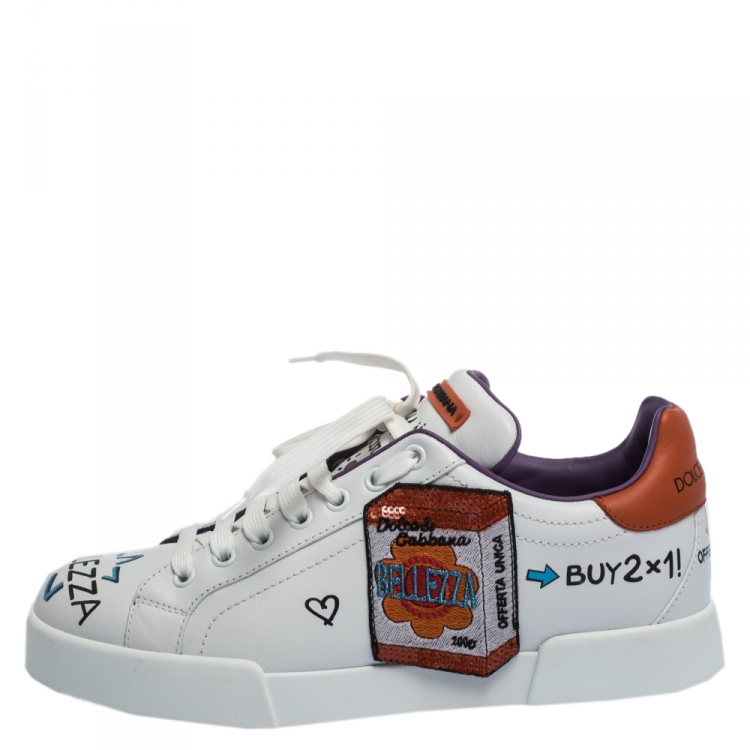 Pre Owned Dolce & Gabbana White Graffiti and Patches Leather Low Top Sneakers Size 39