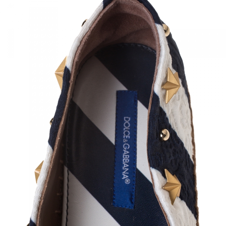 Pre Owned Dolce & Gabbana Blue/White Striped Brocade Fabric Star Studded Anchor Espadrilles Size 40
