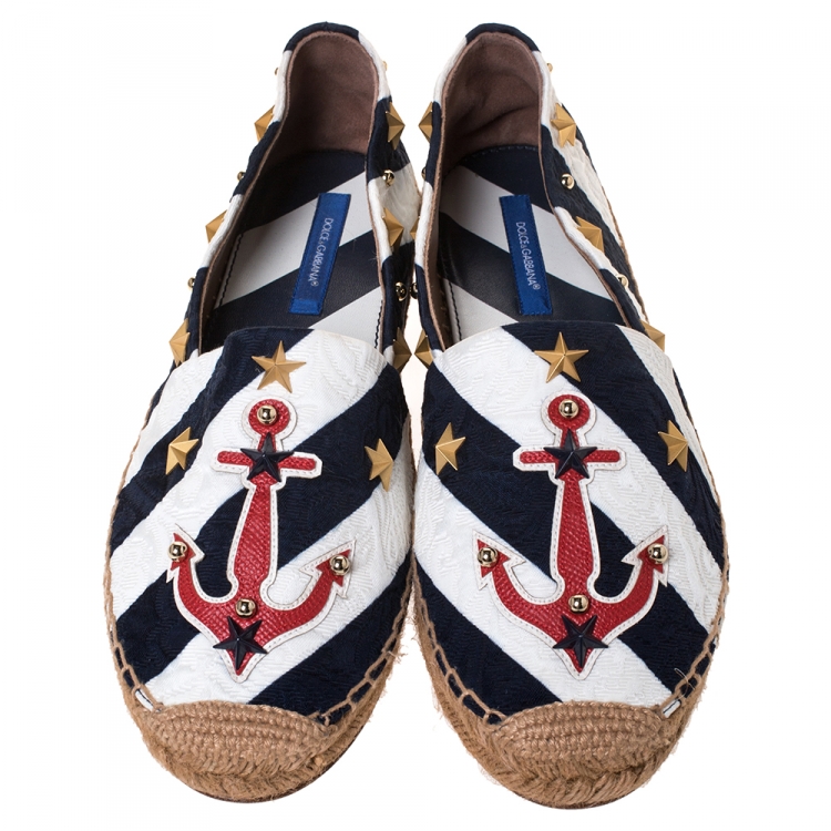 Pre Owned Dolce & Gabbana Blue/White Striped Brocade Fabric Star Studded Anchor Espadrilles Size 40