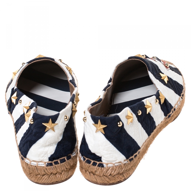 Pre Owned Dolce & Gabbana Blue/White Striped Brocade Fabric Star Studded Anchor Espadrilles Size 40