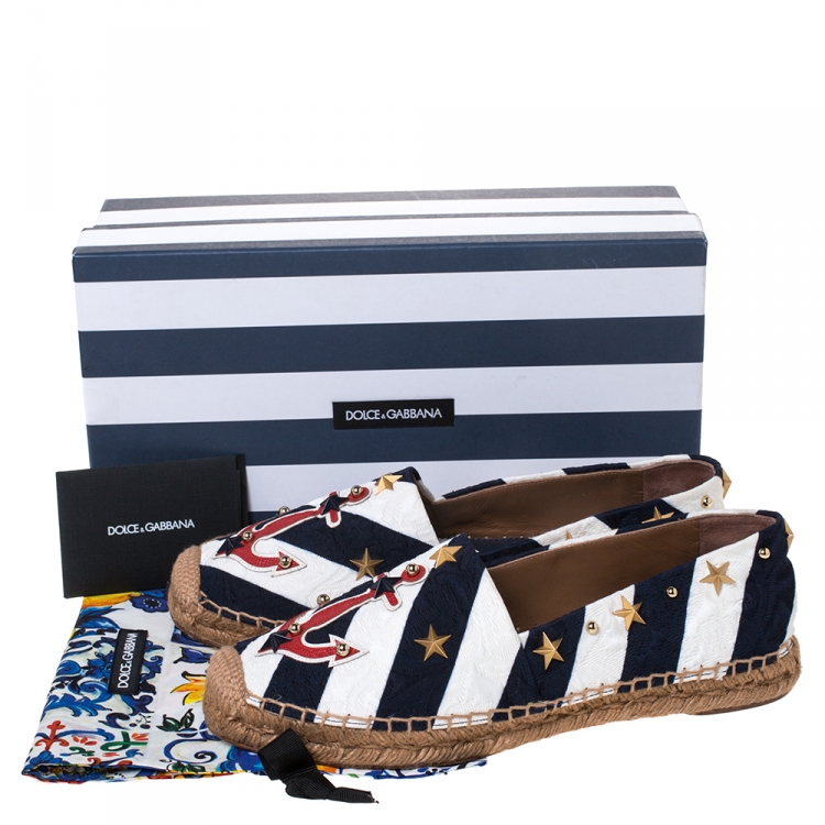 Pre Owned Dolce & Gabbana Blue/White Striped Brocade Fabric Star Studded Anchor Espadrilles Size 40